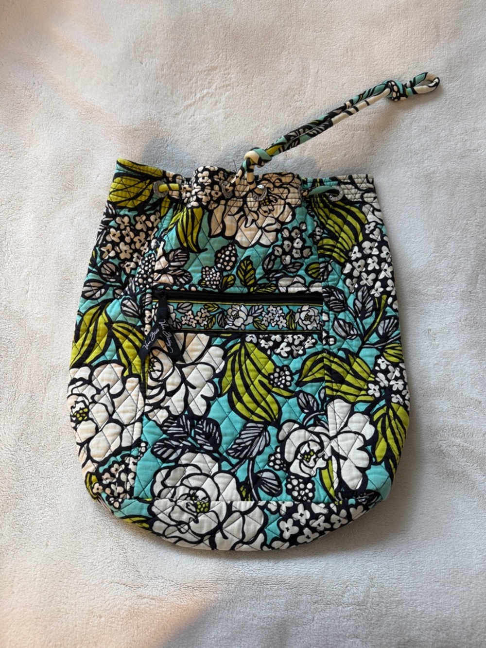 Vera Bradley Quilted Floral Drawstring Shoulder Bag in Aqua, Green & White